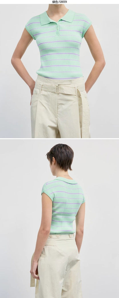 Nothing Written knitted short sleeve t-shirt striped polo neck top camisole-TESS.