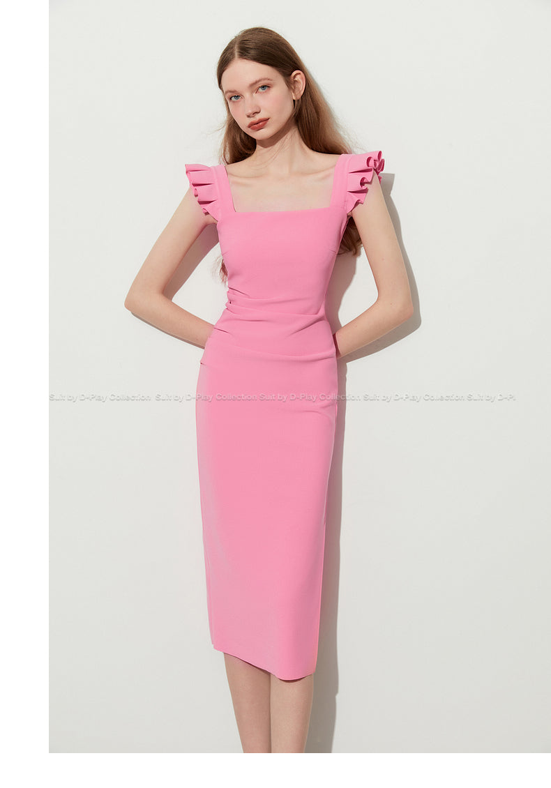 Bubblegum pink Pinch Pleated Side Slit Sleeve sheath work Dress - Victoria