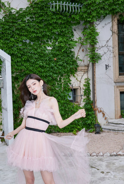 DOLLY High End Pink Sleeveless Mesh Puffy Tutu Trail Birthday Dress-ISIDORA