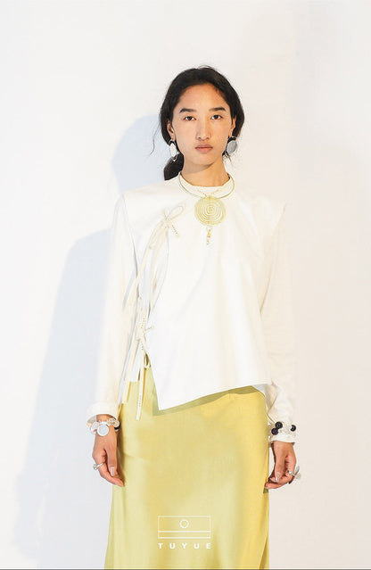TUYUE White Lace-up Asymmetrical Slanted Placket Shoulder Vest - KATIE.