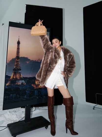 MEI SANGUAN Gray Eco-Fur Short Coat - BLAKE