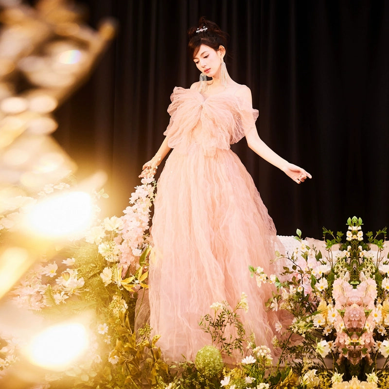 DOLLY Elegant Pink Sleeveless Big Bow Long Pleated Sequin Award Night Dress-CLEO  (V)