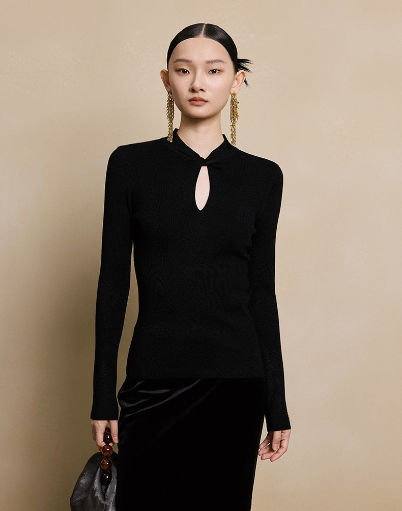 HECO red black white wool Blend twisted cut-out stand collar long-sleeved Knit- secret.