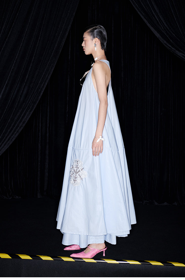 M essential Mackay designer embroidered A-hem pastel blue skirt dress - euno sia.