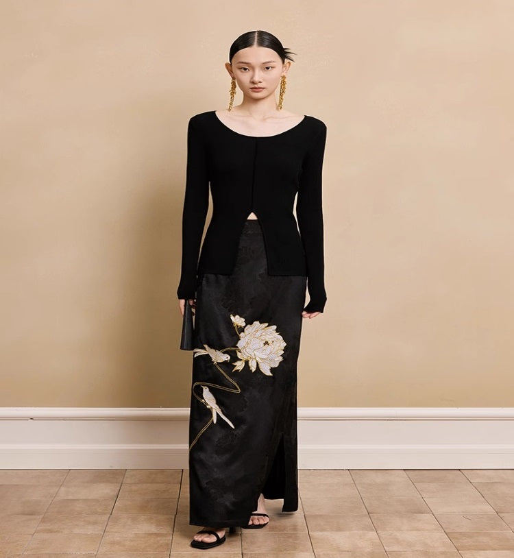 HECO Acetate Peony Jacquard Embroidery Side Slit Maxi Skirt  - SMART.