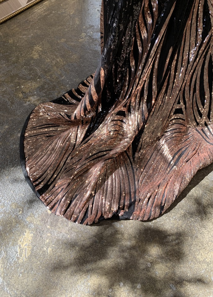 DOLLY High End Black Gold Chest Wrap Long Sleeve Off Shoulder Long Banquet Dress-KANTE