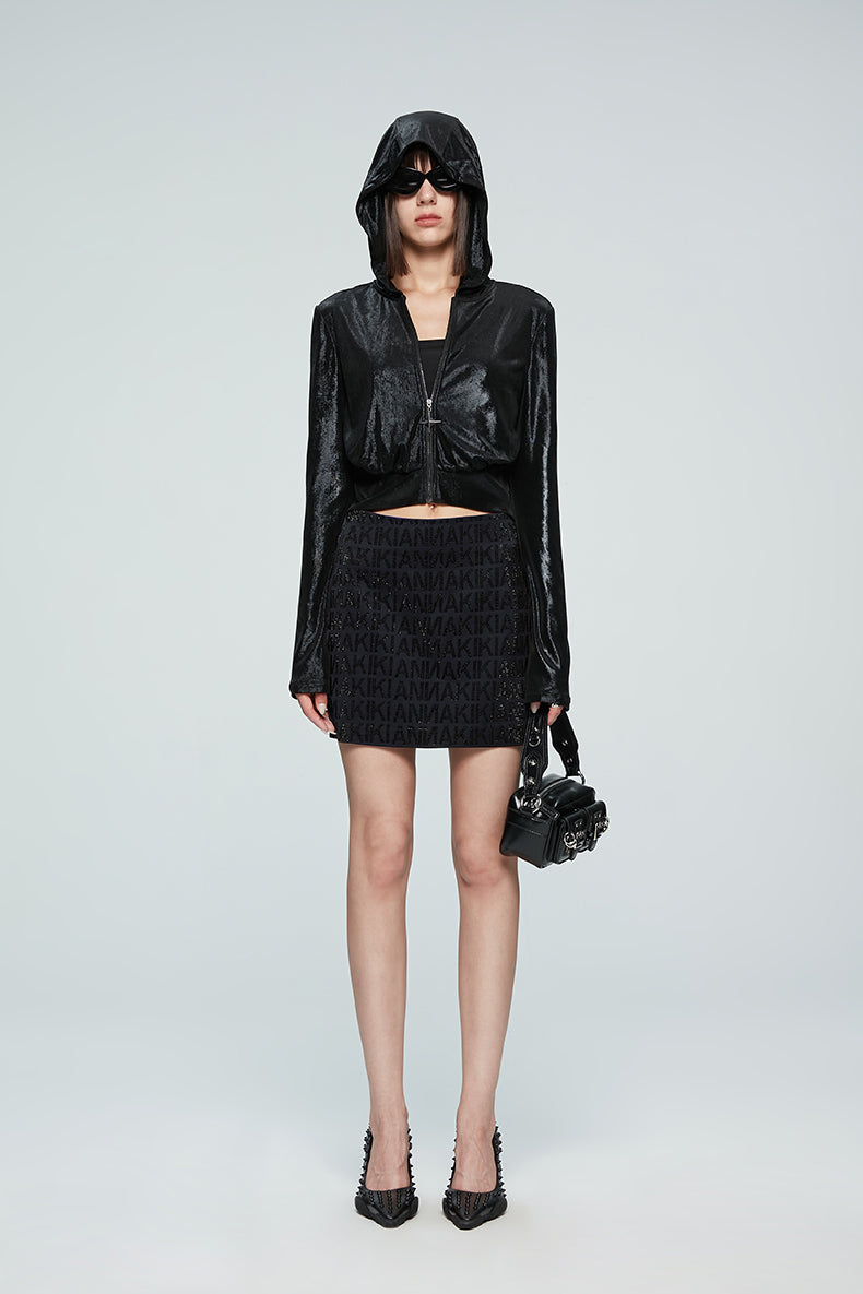 ANNAKIKI designer style back logo hot diamond waist hooded jacket-DAIKI