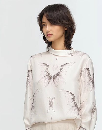 COMME MOI  summer women's lapel silk print shirt top - MASTER.