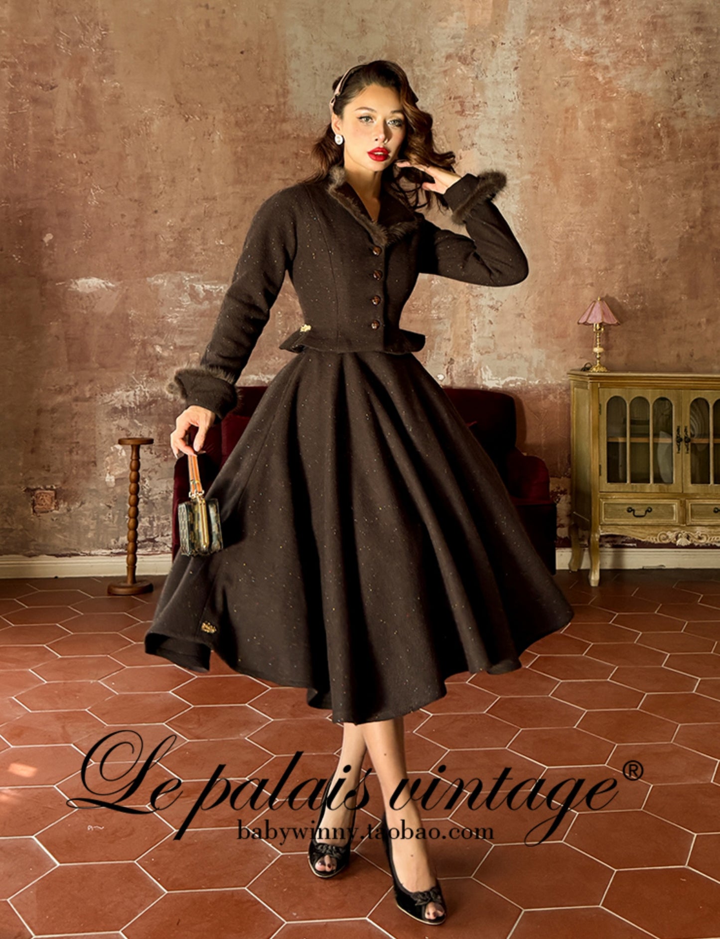 Le Palais Vintage Brown Mink Slim Jacket, Fishbone Skirt-LEE.