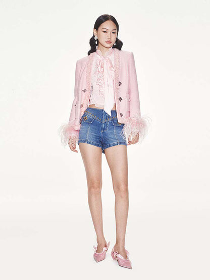FAME slim skinny denim hand-sewn riveted hippie shorts - ADAM.