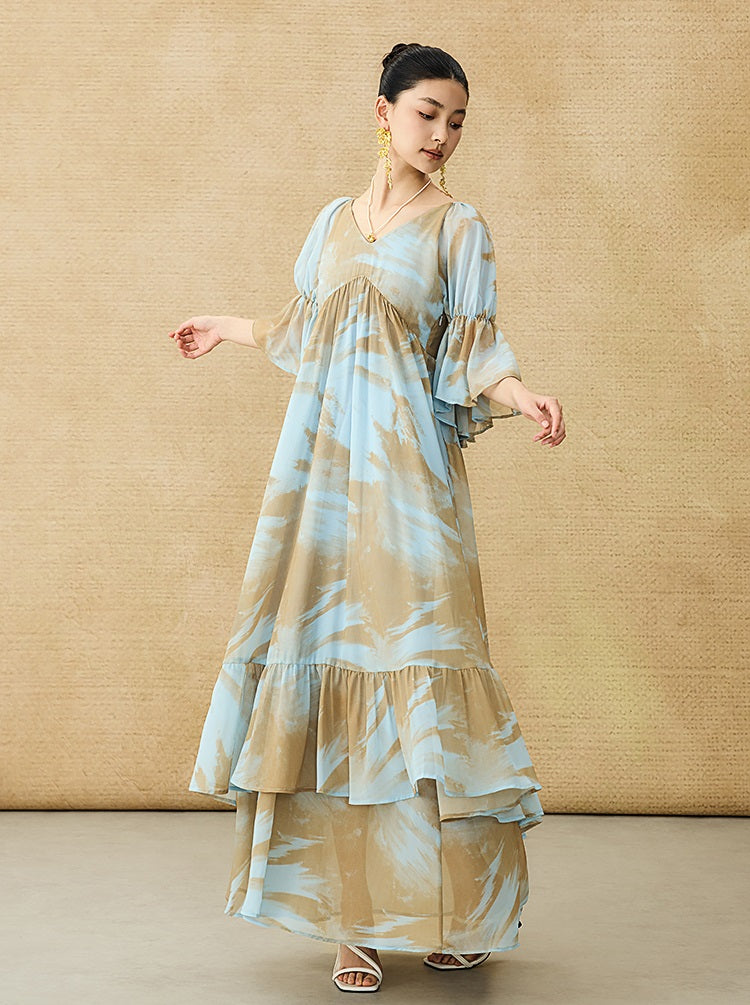 HECO Chinese V-neck wavy sleeve summer big resort dress - AMAZE .