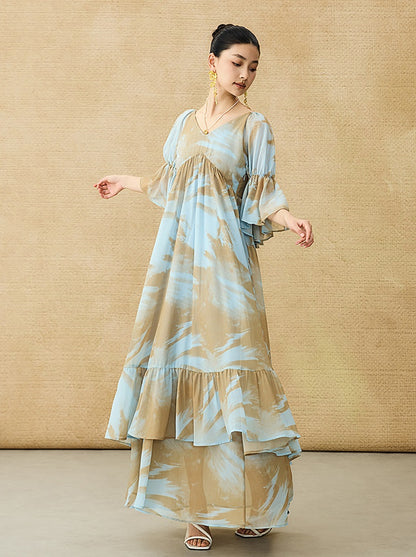 HECO Chinese V-neck wavy sleeve summer big resort dress - AMAZE .