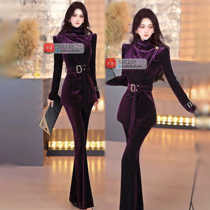 VJE Velvet Top Flared Pants Two-Piece Set Suit-MOON.