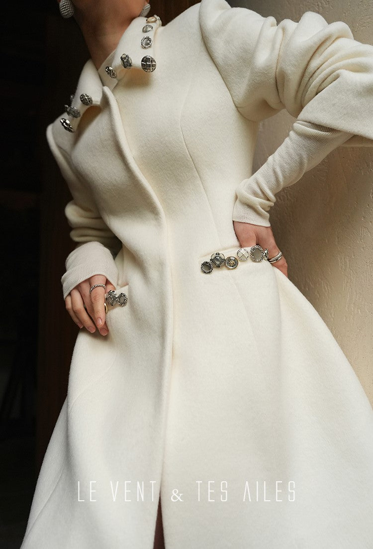 LE VENT&TES AILES Classic Stone button Wool Tweed Jacket Coat