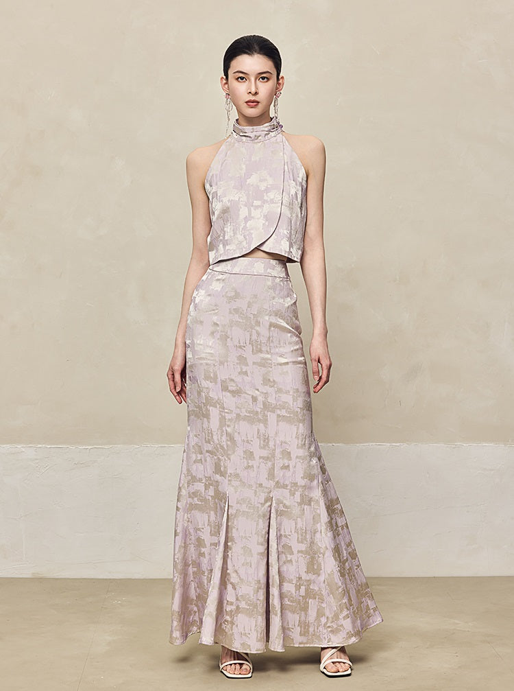 HECO Jacquard Cross Slit Pile Collar Red White Purple Crop Top Women - WORSHIP.