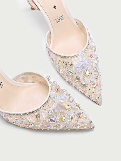 Pjjuu pointy toe formal Lace Rhinestone bridal wedding sling back stiletto heels  - AWEH