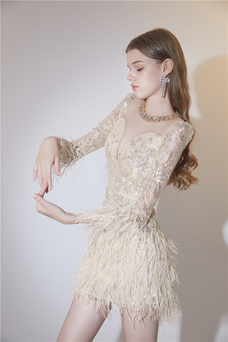 Wardrobes by Chen Elegant Long Sleeve Sequin Feather Party Dress-Daiadem S / Gold