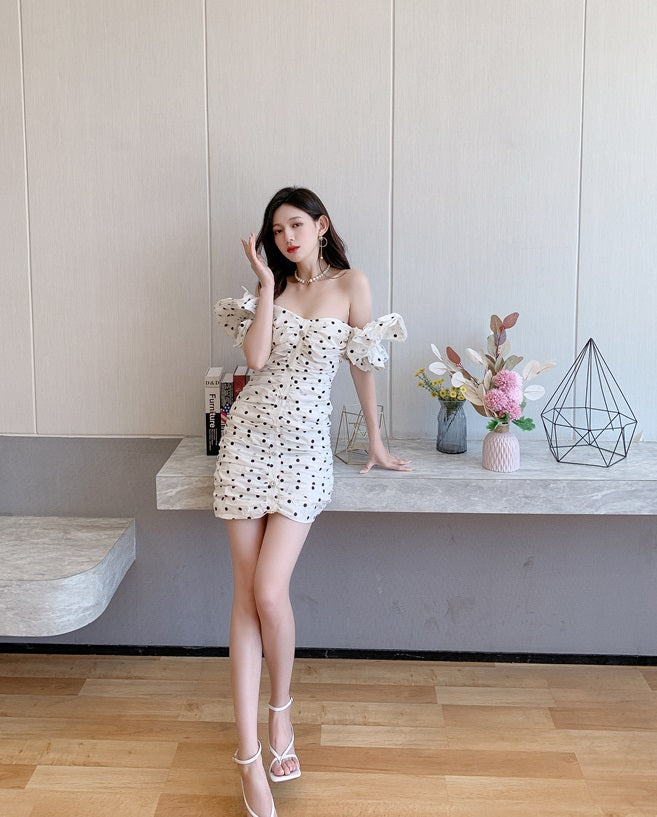 DOLLY Elegant White Off Shoulder Short Puff Sleeve Slim Fit Short Polka Dot Dress-MINA