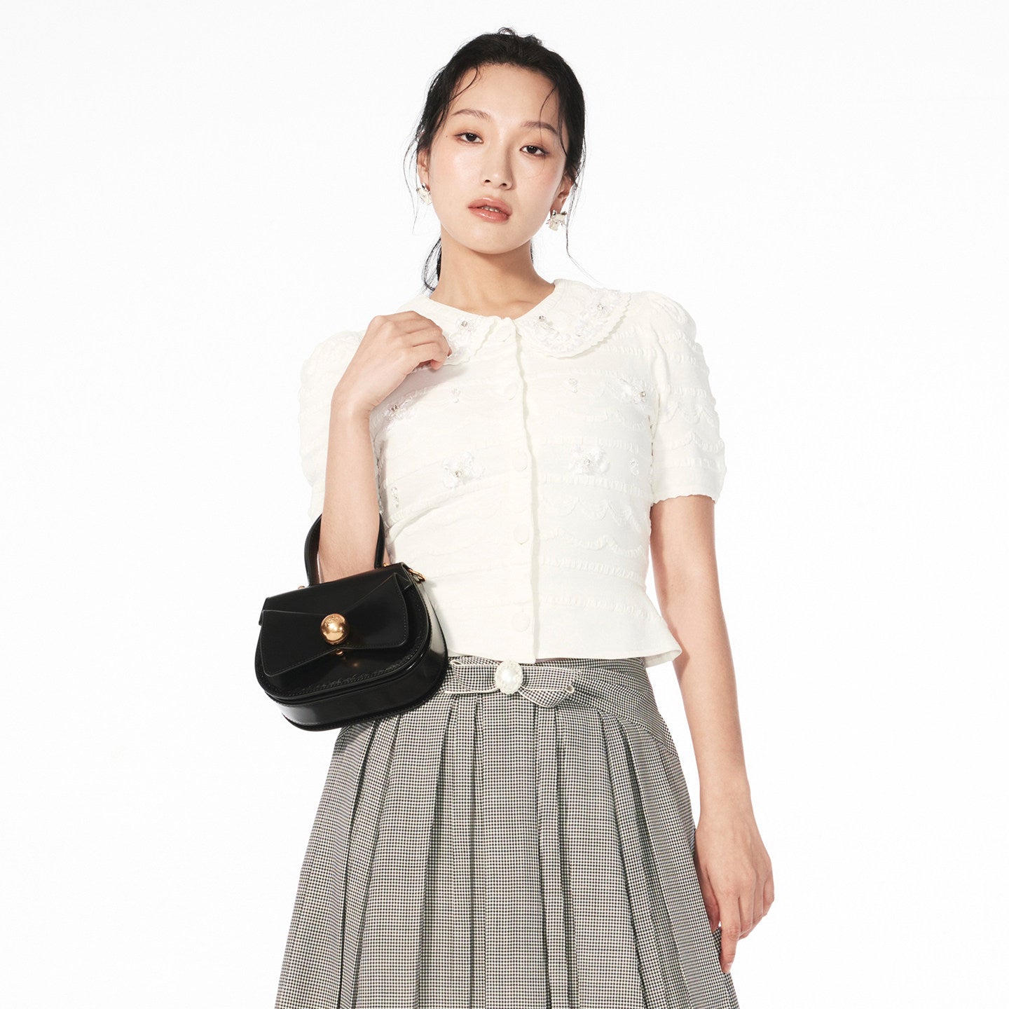 FAME doll collar cream piping beaded short-sleeved top - EVELYN