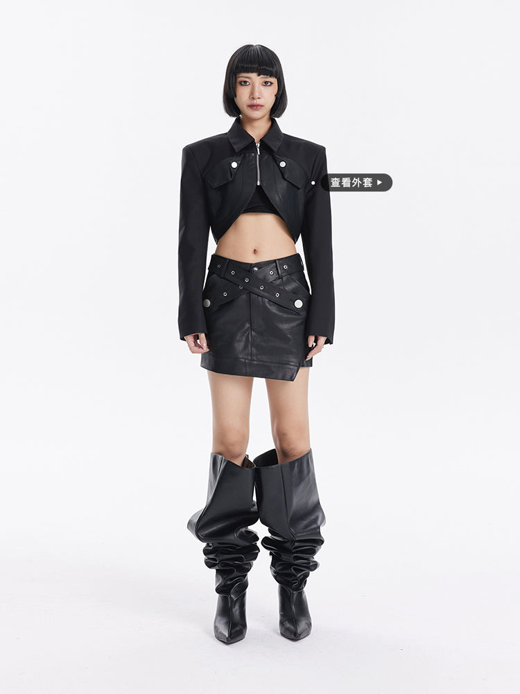 TINY IN cross belt pu leather black skirt -DASHY