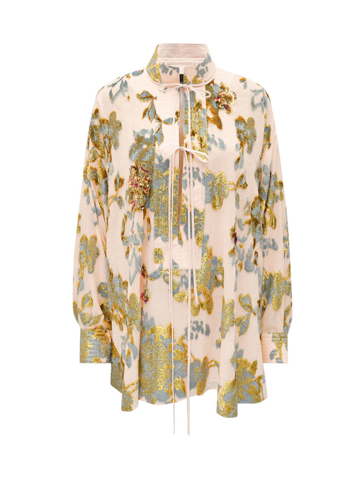 M essential Mackay designer brand Qili burnt flower velvet beads loose top - WORD.