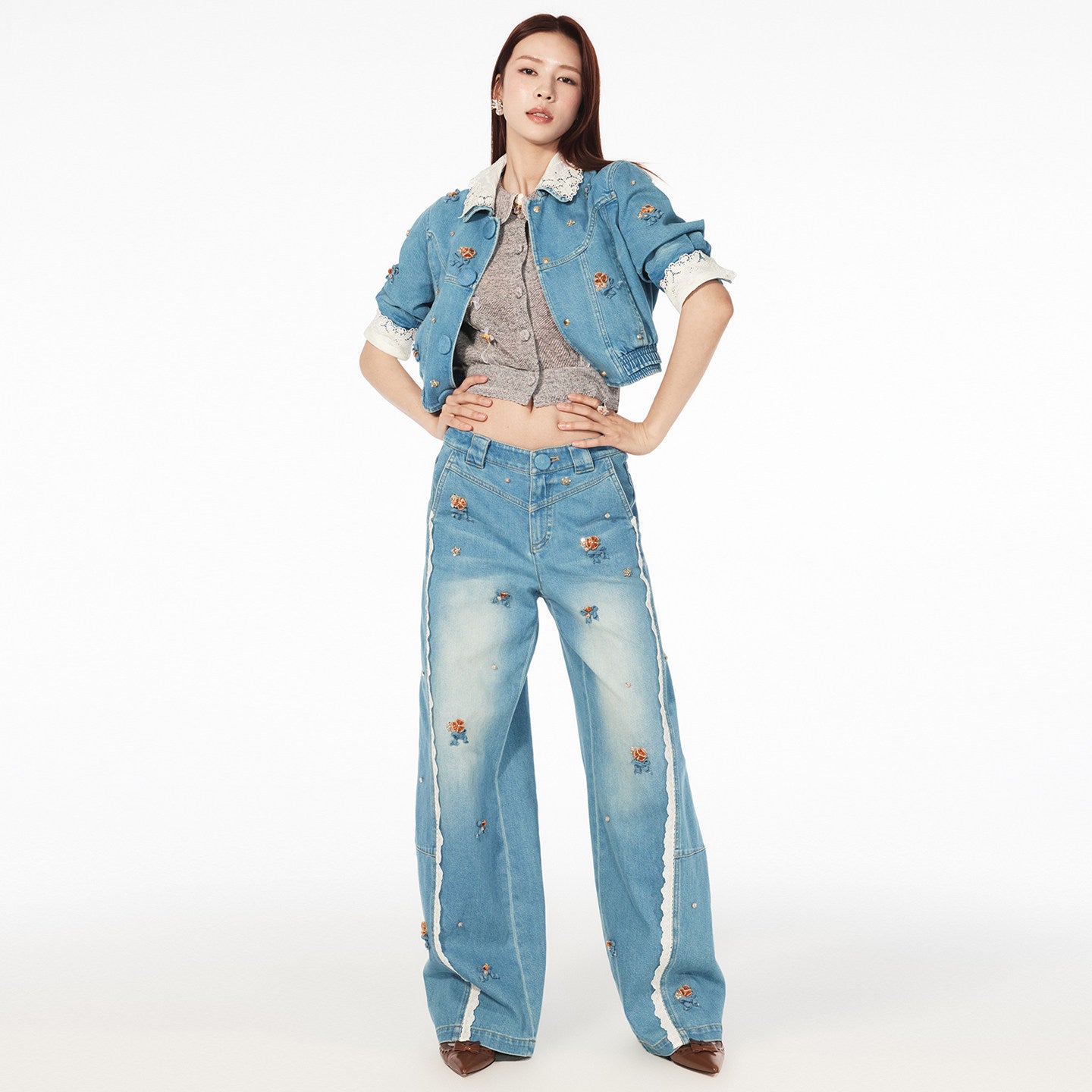 FAME embroidered collar beads bow denim jacket - ETHAN