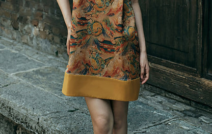 HECO Chinese Stand Collar Color-Blocked Golden Dragon Embroidery Dress - ZIPH