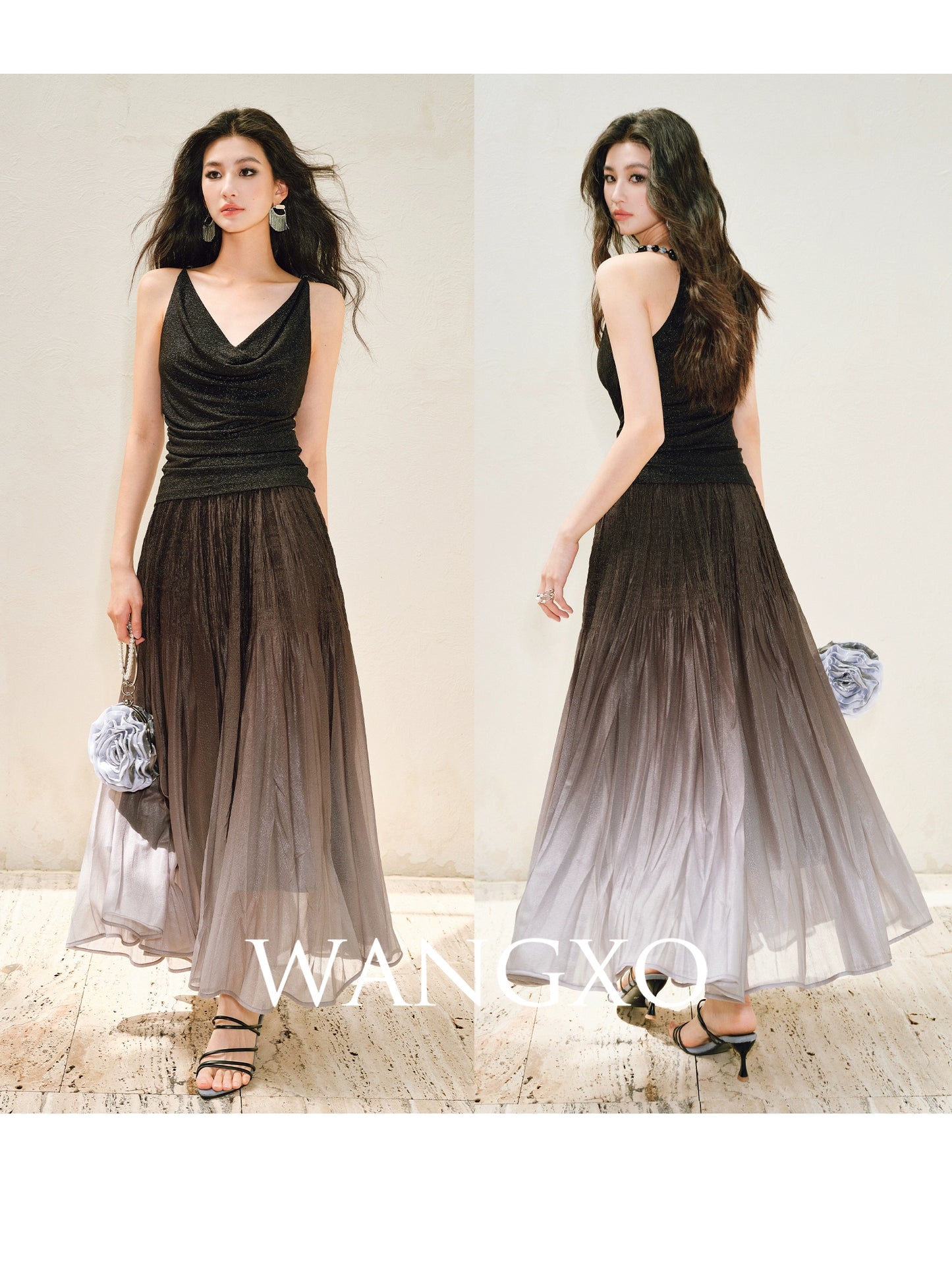 WANGXO |High-Waisted Umbrella Hem Romantic Skirt with Luxe Shimmer-LINA