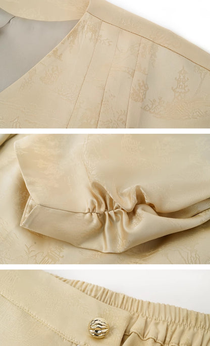 HECO Shan Ting Acetate Jacquard Suit Loose black yellow Top Pants Women - favour.