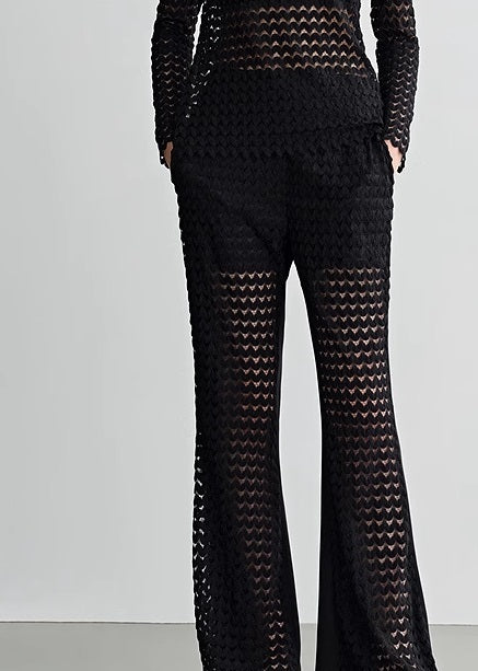 COMME MOI summer black cut-out satin panel flared pants - MADELYN.