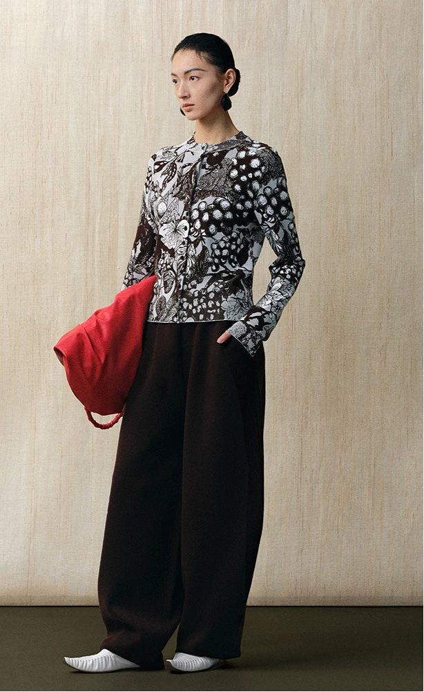 ZHUCHONGYUN Double-knit jacquard botanical print crew neck top and skirt set-ABARAI.