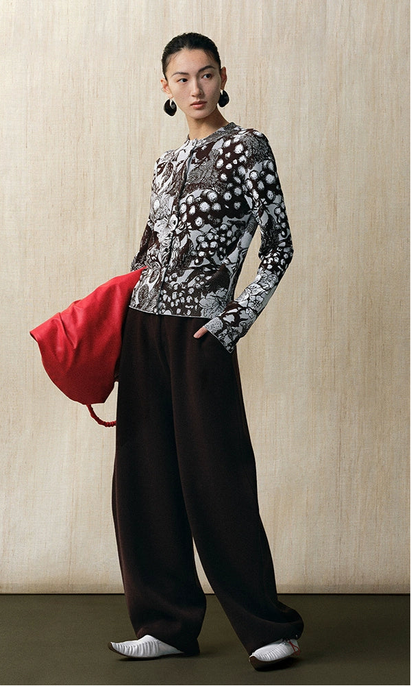 ZHUCHONGYUN Double-knit jacquard botanical print crew neck top and skirt set-ABARAI.