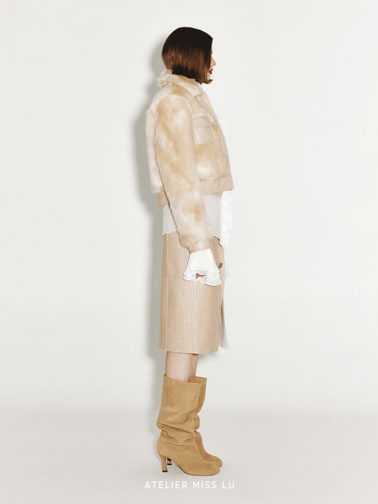 ATELIER MISS LU Vintage Pocket Stitching Faux Fur Short Jacket - BLOOM.