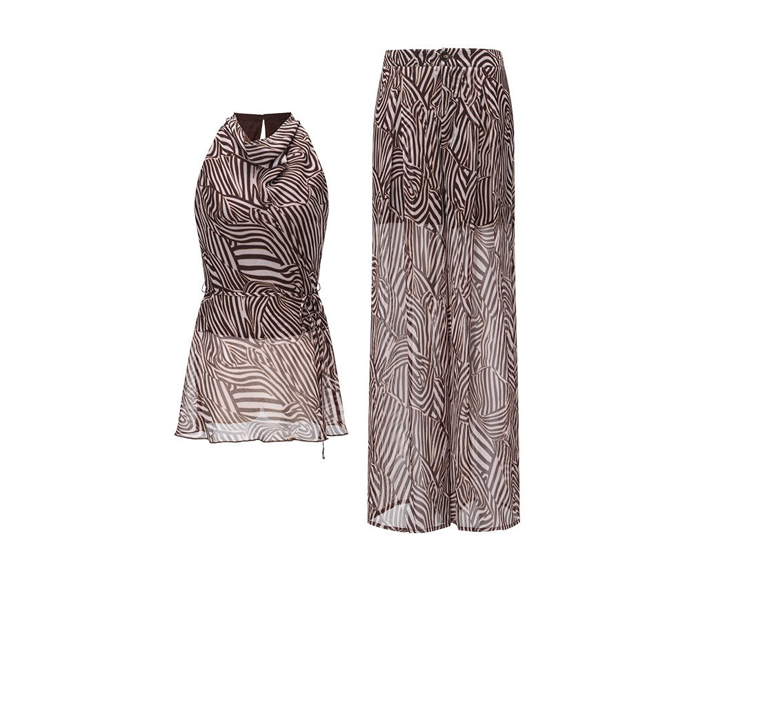 WANGXO Shaved Shoulders Waisted Top & Flowing Wide-Leg Pants -MIRA