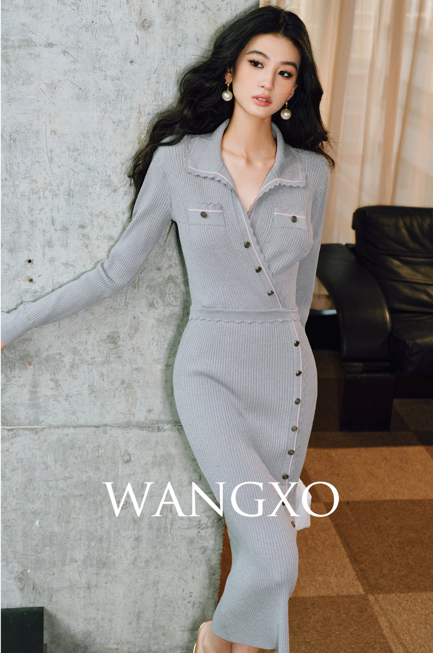 WANGXO | Custom Needle Matte Linen Stripes Slim Knitted Dress -SÉLI.