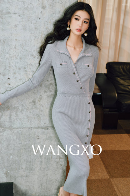 WANGXO | Custom Needle Matte Linen Stripes Slim Knitted Dress -SÉLI.