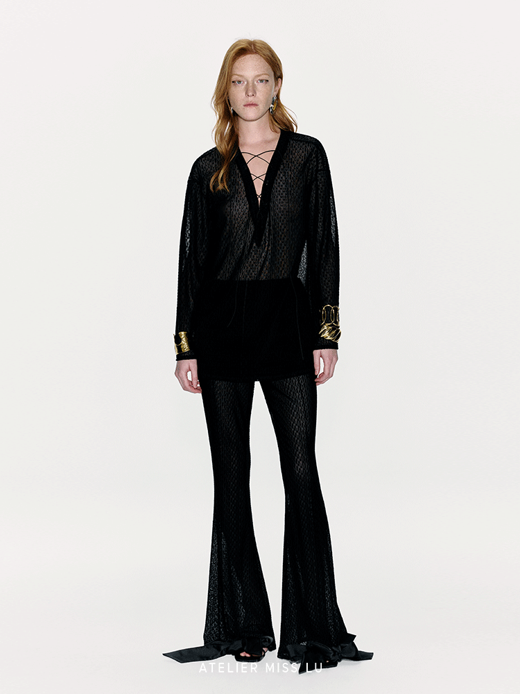 ATELIER MISS LU logo flocked design see-through bell bottoms - YANKEE.