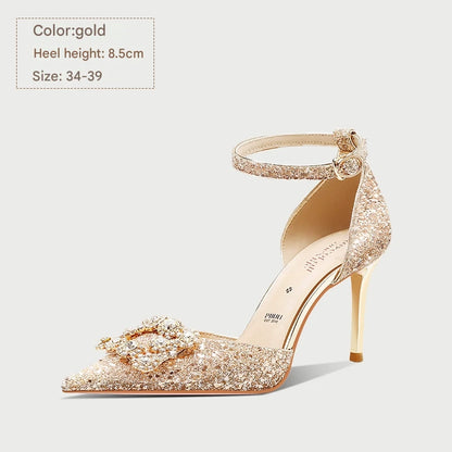 PJJUU beautiful champagne buckle rhinestone stiletto shoes - GREEN.
