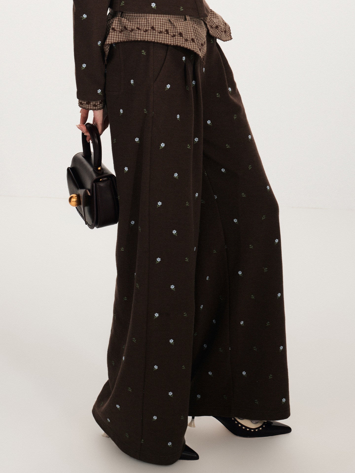 FAME Turn-Up Waist Vintage Check Trim Embroidered Pants - MACY.