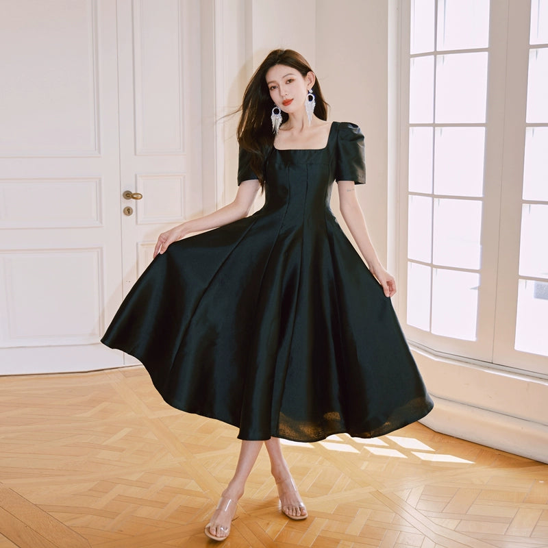 DOLLY Elegant Retro Square Neck Short Puff Sleeve Satin Long A-Line Dress-BAMBI