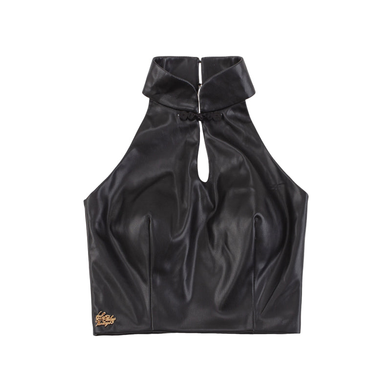Le Palais Vintage High End Black Leather New Chinese Top + High-waisted Hip Leather Flared Pants-Zhuri.