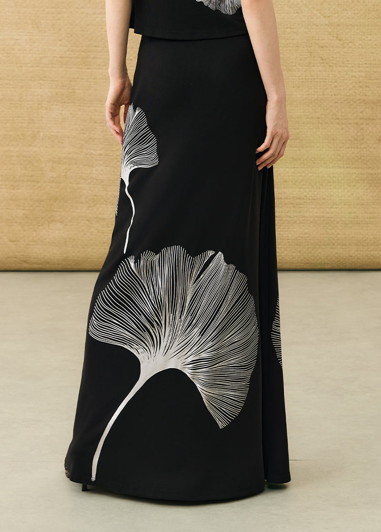 HECO Chinese Draped Summer Heavy Industry Ginkgo Biloba Print Slim Skirt - COLS.