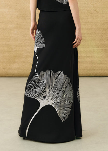 HECO Chinese Draped Summer Heavy Industry Ginkgo Biloba Print Slim Skirt - COLS.