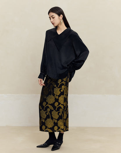 HECO 100% mulberry silk black Cut Flower Silk Skirt Women - power.