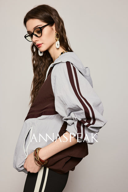 ANNASPEAK fashionable contrast color loose hooded jacket-KIM.