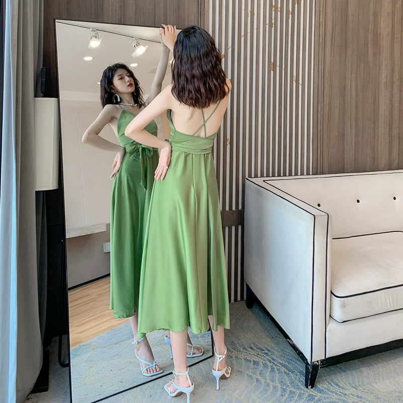 DOLLY Elegant French Style Satin V-Neck Sleeveless Backless Banquet Dress-XENA