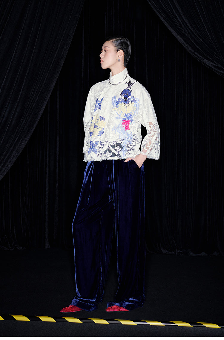 M essential Mackay designer White Lace atelier layered lace inlay top blue velvet pant- olay.