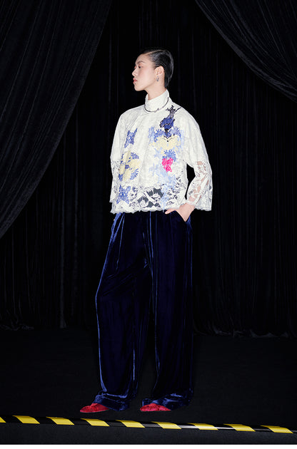 M essential Mackay designer White Lace atelier layered lace inlay top blue velvet pant- olay.