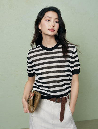 SUSHE light hollow texture striped short-sleeved knit sweater new stretch loose top -BESS