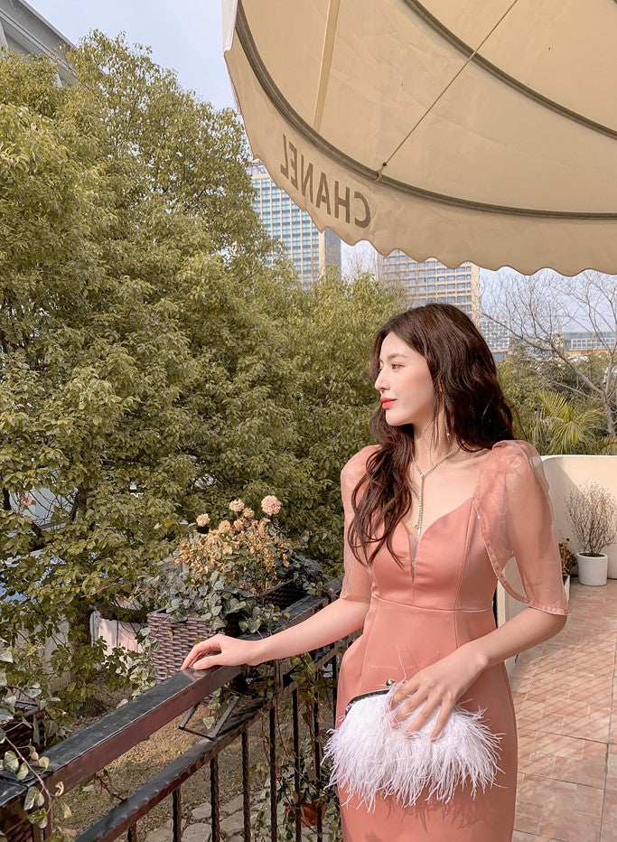 DOLLY Elegant V-Neck Short Mesh Puff Sleeve High Waist Midi Luncheon Dress-CHILE